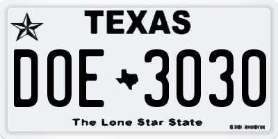 TX license plate DOE3030