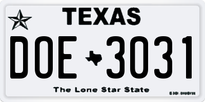 TX license plate DOE3031