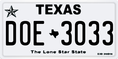 TX license plate DOE3033