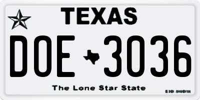 TX license plate DOE3036