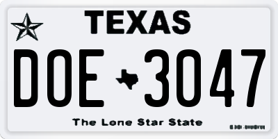 TX license plate DOE3047