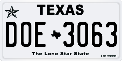 TX license plate DOE3063