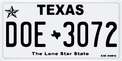 TX license plate DOE3072