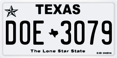 TX license plate DOE3079