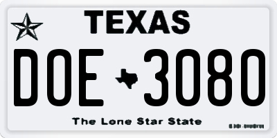 TX license plate DOE3080