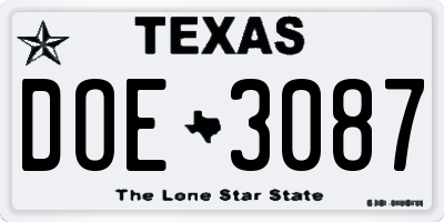 TX license plate DOE3087