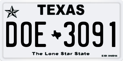 TX license plate DOE3091