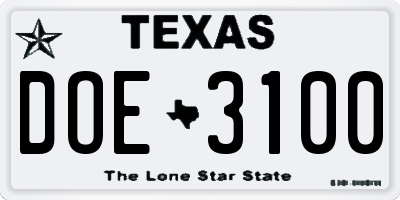 TX license plate DOE3100