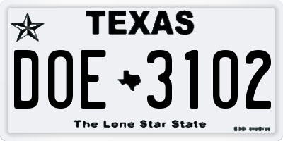 TX license plate DOE3102