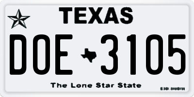 TX license plate DOE3105