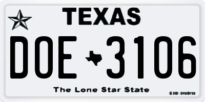 TX license plate DOE3106