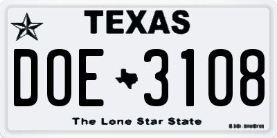 TX license plate DOE3108