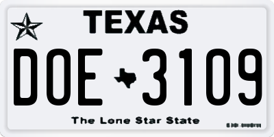 TX license plate DOE3109