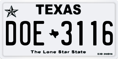 TX license plate DOE3116