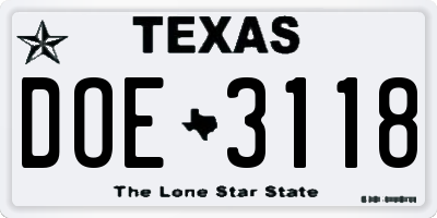 TX license plate DOE3118