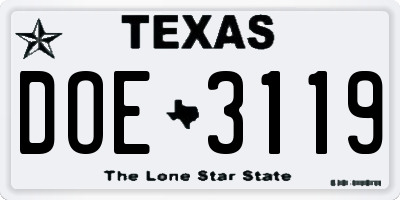 TX license plate DOE3119