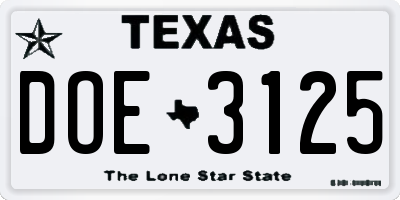 TX license plate DOE3125