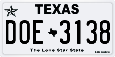 TX license plate DOE3138