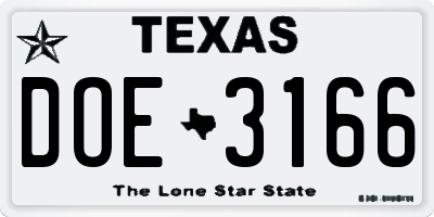 TX license plate DOE3166