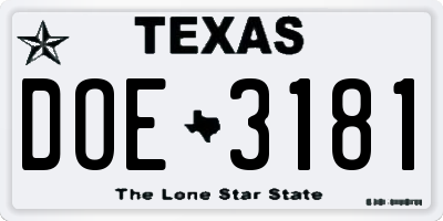 TX license plate DOE3181