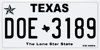TX license plate DOE3189