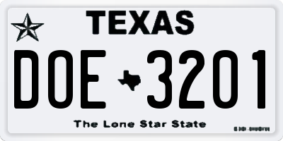 TX license plate DOE3201