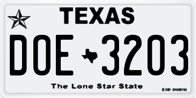 TX license plate DOE3203