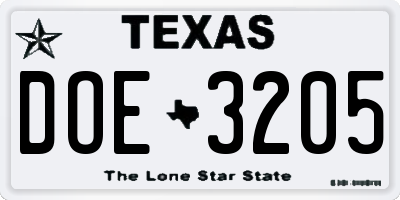TX license plate DOE3205