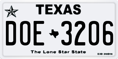TX license plate DOE3206