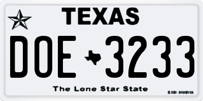 TX license plate DOE3233