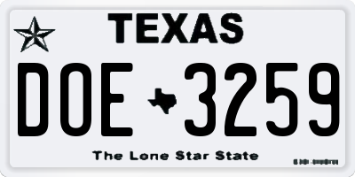 TX license plate DOE3259