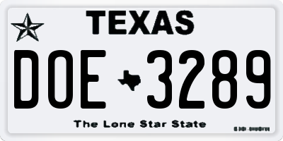 TX license plate DOE3289