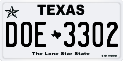 TX license plate DOE3302