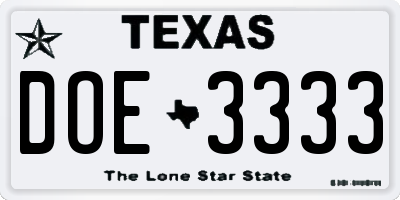 TX license plate DOE3333