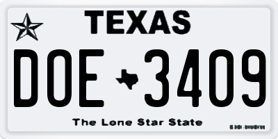 TX license plate DOE3409