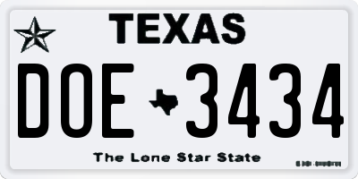 TX license plate DOE3434