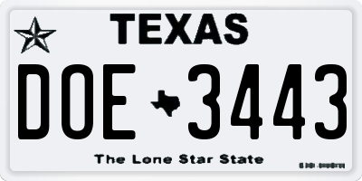 TX license plate DOE3443