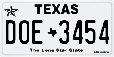 TX license plate DOE3454