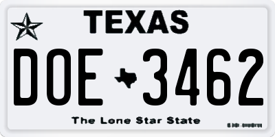 TX license plate DOE3462