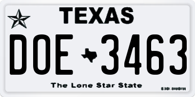 TX license plate DOE3463