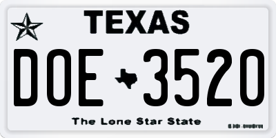 TX license plate DOE3520