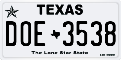 TX license plate DOE3538