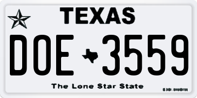 TX license plate DOE3559