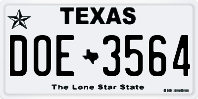 TX license plate DOE3564