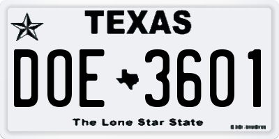 TX license plate DOE3601