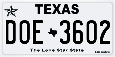 TX license plate DOE3602