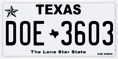 TX license plate DOE3603