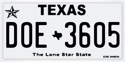 TX license plate DOE3605