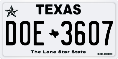 TX license plate DOE3607