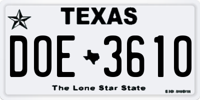 TX license plate DOE3610